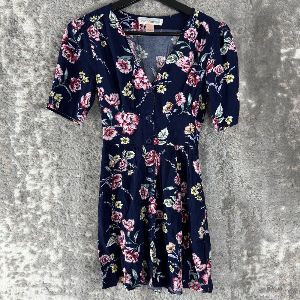 Band Of Gypsies Size XS Dark Floral Print V Neck Mini Fit Flared Dress Navy